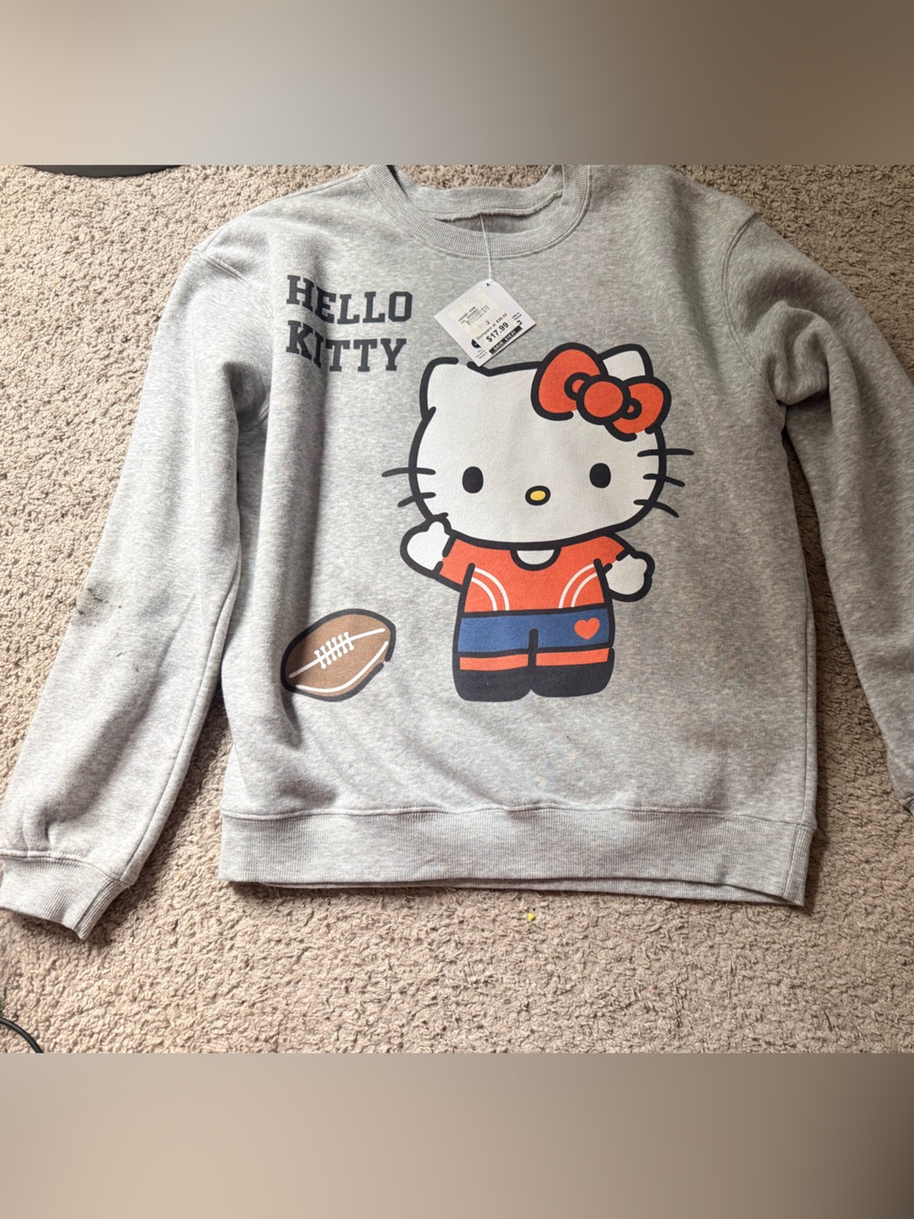Hello Kitty Gray Sweatshirt W/Ted Bow & Orange Outfit Stain On Sleeve see photos